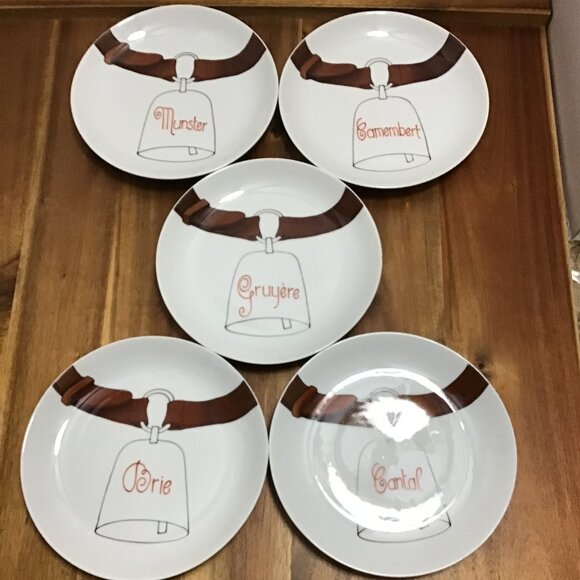 Vtg Le Chamberlain France Set Of 5 French Bistro Cheese Plates Hand Painted 7.5" - Picture 5 of 6